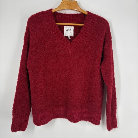 aerie Sweaters - Aerie Womens Boucle V-Neck‎ Textured Pullover Sweater Size M Red Oversized Cozy
